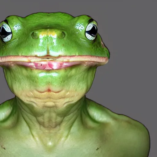 Prompt: mugshot of a human frog hybrid looking distressed into the camera