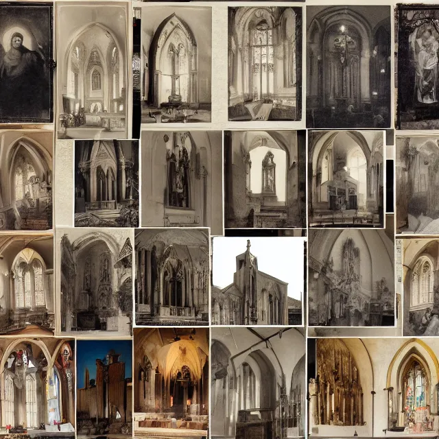 Prompt: collage of church photographs and religious motives