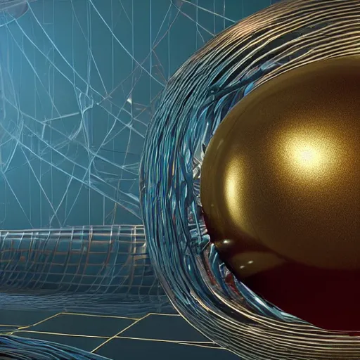 Prompt: abstract intertwining hyper detailed hardsurface modelled 3 d geometry, in the distance is a tarnished gold sphere, depth, wide angle, insanely detailed and intricate,, teal, gold, silver red, paradise hospital environment unreal engine