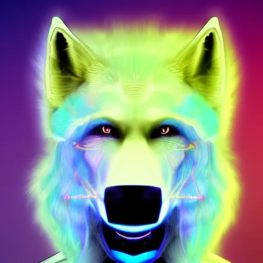 Prompt: portrait of a male humanoid cartoonish wolf with white snout, blue head and light yellow hair looking to the side, synthwave style