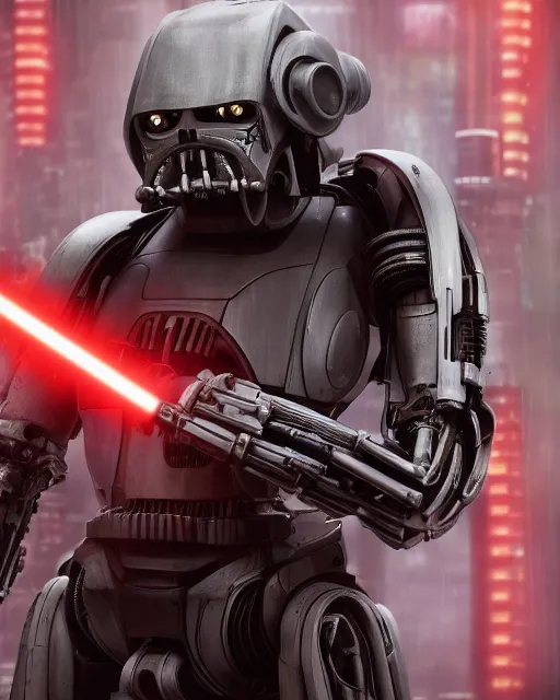 Image similar to 5 5 mm close up portrait photo of angry heavy duty biomechanical general grievous holding 4 red activated lightsabers in a futuristic city in the rain. dof. bokeh. cyberpunk horror style. highly detailed 8 k. intricate. unreal engine render with nanite and lumen. lifelike. soft light. nikon d 8 5 0.