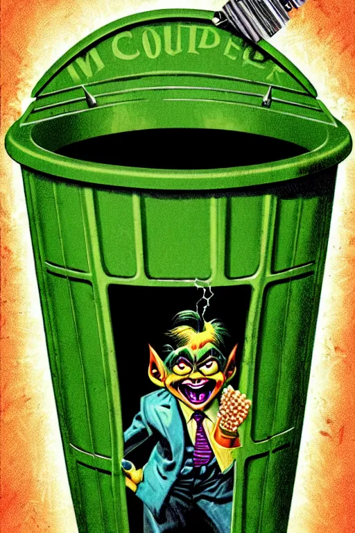 Image similar to vintage goosebumps cover art style illustration of a monster coming out of a garbage can.