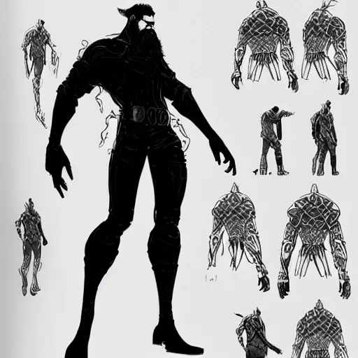 Prompt: character design sheet, concept art character, very high angle view, book cover, very attractive man with beard, walking in cyberpunk valley highly detailed full body, strong masculine features, sturdy body, command presence, royalty, smooth, sharp focus, organic, appealing, book cover, deep shadows, by Dave McKean sketch lineart for character design