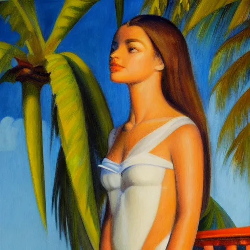 Prompt: a ultradetailed beautiful painting of a girl in the amazonas palace balustrade designed by edward hopper, tarsila do amaral, frank weston and gustave baumann, beach, trending on artstation, mediterranean, palm trees, detailed face, sharp focus, soft light, 8 k 4 k