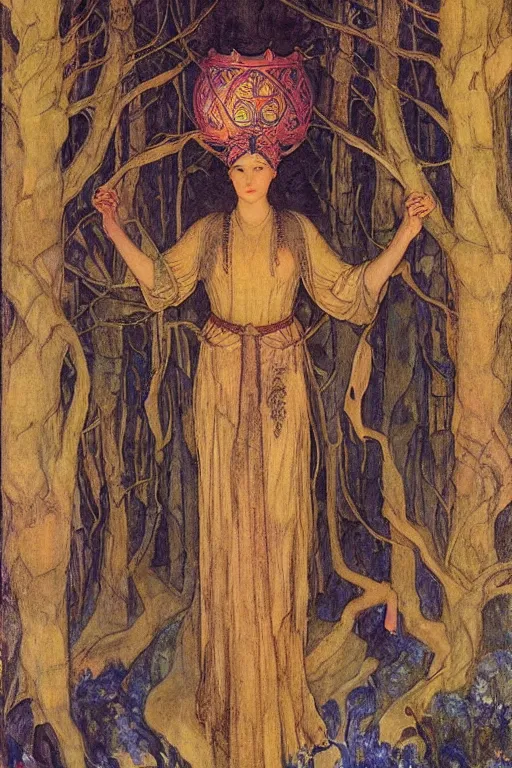 Image similar to queen of the forest with her lantern by Annie Swynnerton and Nicholas Roerich and jean delville, strong dramatic cinematic lighting , ornate headdress , flowing robes, lost civilizations, smooth, sharp focus, extremely detailed