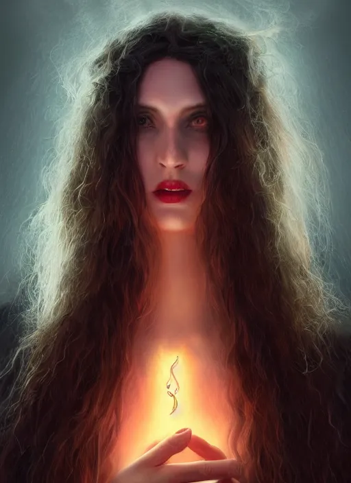 Image similar to tarot!!, pale, beautiful witch with long hair, fantasy medieval, jeweled choker, vivid colors, elegant, concept art, sharp focus, beautiful face!!, digital art, Hyper-realistic, 4K, Unreal Engine, Highly Detailed, Dramatic Lighting, Beautiful, by Brom, trending on Artstation, Tom Bagshaw, Sargent