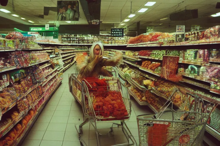 Image similar to 35mm color lomography, last photo, portrait, fashion shoot, weird, random, strange, spooky, hyperdetailed, photorealistic, high fashion, interesting, supermarket, david cronenberg