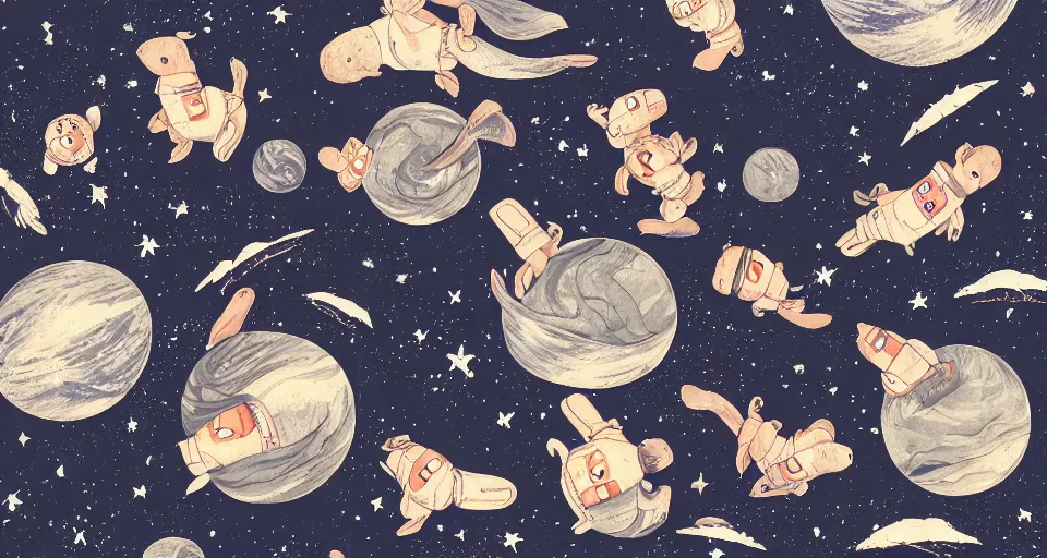 Image similar to back view of many baby guineapigs on the cover of vogue magazine flying in space suits, deep dark universe, twinkling and spiral nubela, warmhole, beautiful stars, 4 k, 8 k, by hokusai, samurai man vagabond, detailed, editorial illustration, matte print, concept art, ink style, sketch, digital 2 d