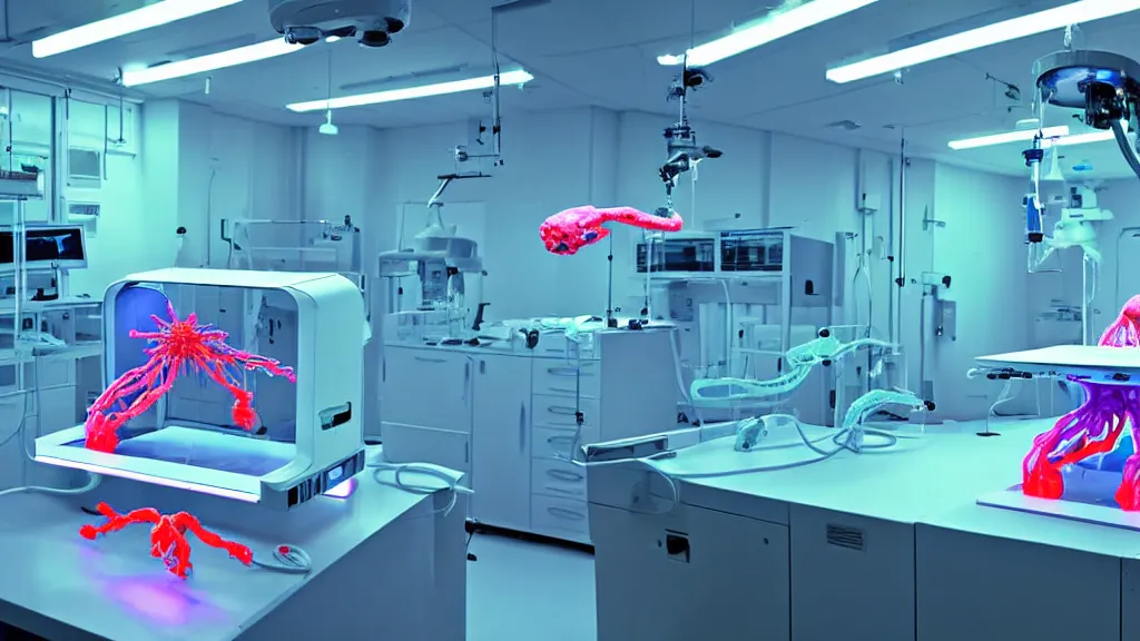 Prompt: a complex bifurcated surgical arm hybrid mri 3 d printer machine making colorful mutant forms with control panels in the laboratory inspection room, film still from the movie directed by denis villeneuve with art direction by salvador dali, wide lens