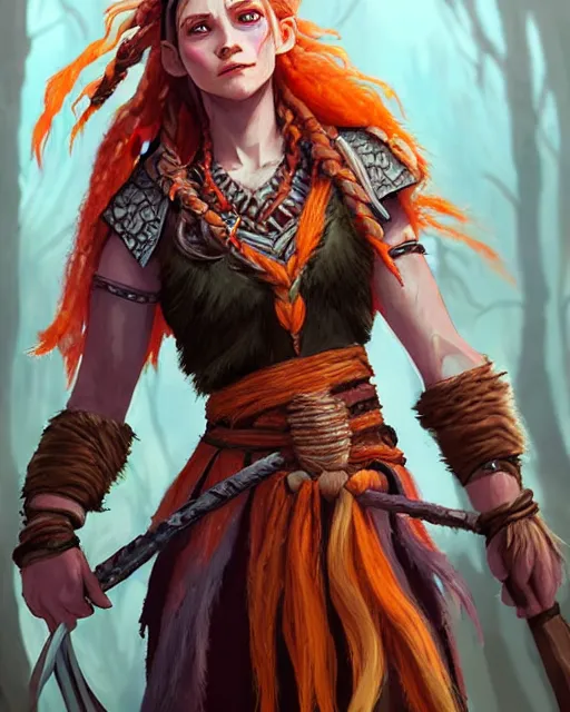 Prompt: female firbolg dungeons and dragons with long braided peach color hair, wearing an old tunic, d & d digital character illustration, artstation trending female illustration, intricate, sharp focus, highly detailed, digital painting, matte, character art by prywinko art, amazing art of aloy horizon zero dawn, studio quality, masterpiece