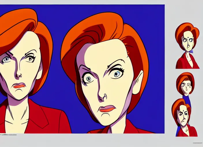 Image similar to a shaded animation cel of dana scully, sharp detail, realistic anatomy, in the style of western cartoons, by don bluth, filmation, toei animation, studio trigger, studio ghibli, 5 k, artstation trending