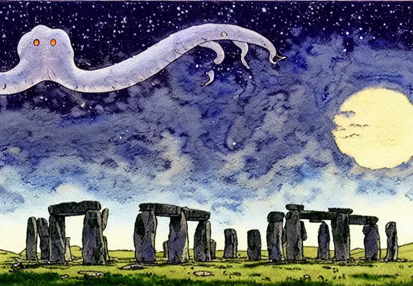 Image similar to a simple watercolor studio ghibli movie still fantasy concept art of stonehenge. a giant squid from princess mononoke ( 1 9 9 7 ) is in the sky. it is a misty starry night. by rebecca guay, michael kaluta, charles vess