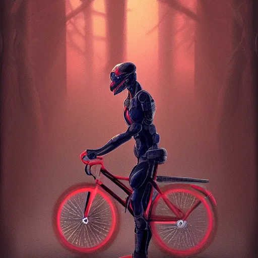 Prompt: humanoid on basic red bicycle artstation not detailed unreal