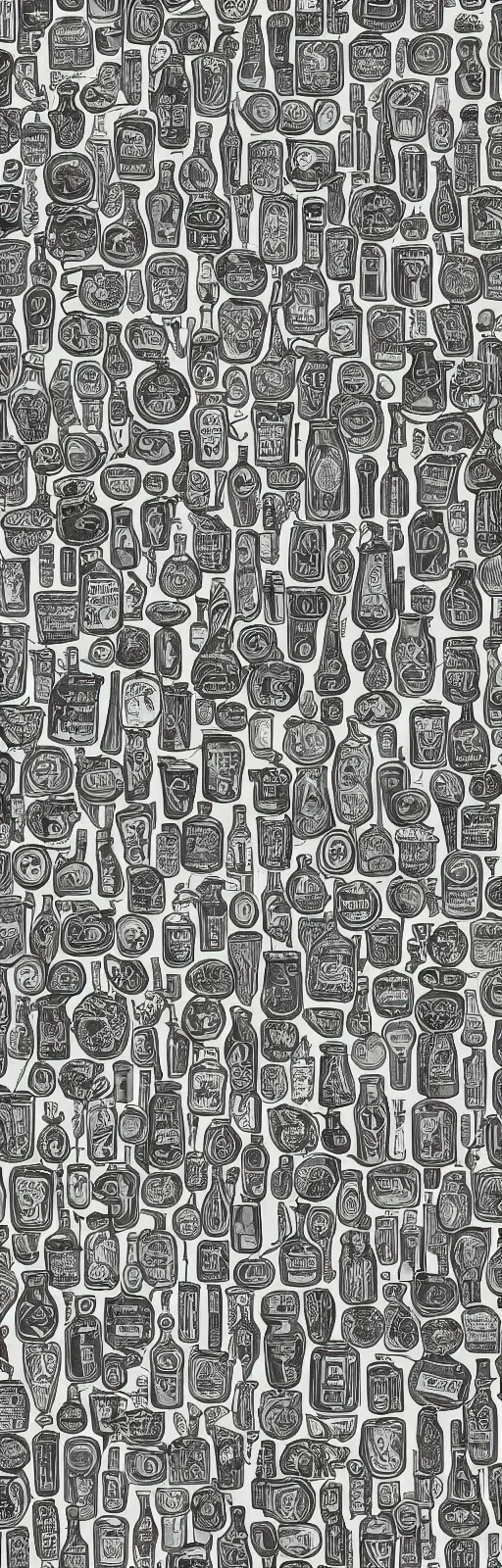 Image similar to repeating pattern of stylized beer bottles, extremely detailed and intricate, monochromatic