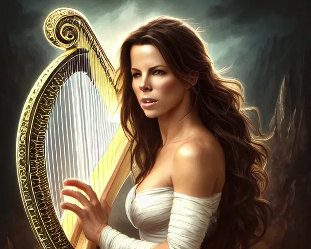 Image similar to photography of kate beckinsale with a harp singing 8 k, deep focus, d & d, fantasy, intricate, elegant, highly detailed, digital painting, artstation, concept art, matte, sharp focus, illustration, hearthstone, art by artgerm and greg rutkowski and alphonse mucha