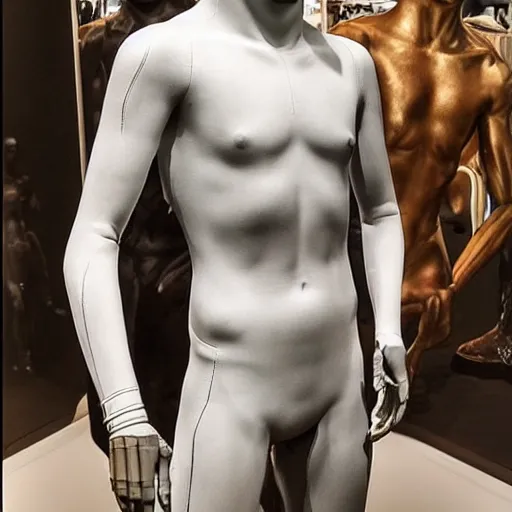 Image similar to “ a realistic detailed photo of a guy who is an attractive humanoid who is half robot and half humanoid, who is a male android, soccer player antoine griezmann, shiny skin, posing like a statue, blank stare, at the museum, on display ”