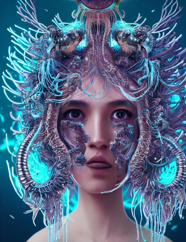 Image similar to goddess macro close - up portrait in crown made of ram skull. betta fish, jellyfish phoenix, bioluminiscent, plasma, ice, water, wind, creature, super intricate ornaments artwork by tooth wu and wlop and beeple and greg rutkowski