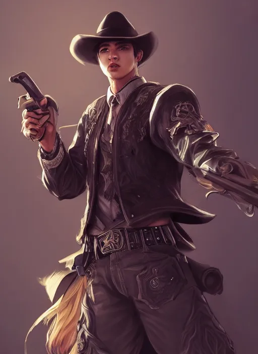 Prompt: a highly detailed illustration of bts v as focused cowboy wearing black cowboy hat, dramatic wielding gun pose, perfect face, intricate, elegant, highly detailed, centered, digital painting, artstation, concept art, smooth, sharp focus, league of legends concept art, wlop