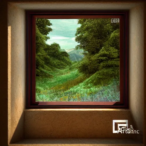 Prompt: a beautiful, mesmerizing landscape seen through a window, digital art, trending on artstation