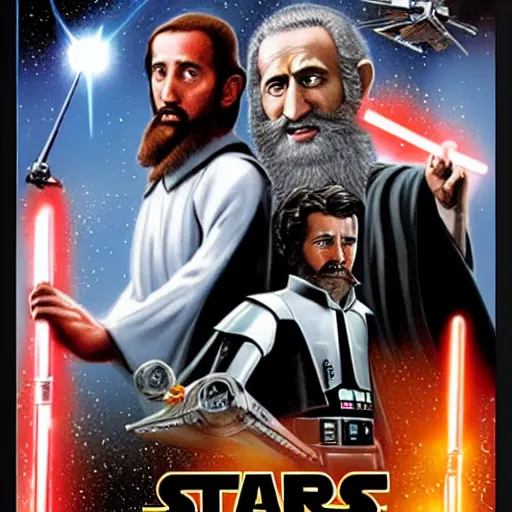 Prompt: star wars movie poster with osama bin laden and george bush