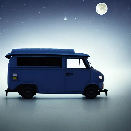 Prompt: a dark blue tuk tuk flying across the night sky, hard science fiction, milky way, moon, matte painting, concept art, 4k