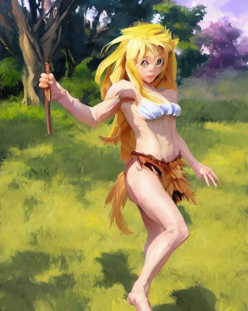 Prompt: greg manchess concept art of a beautiful blonde cavewoman ayla dancing at the millennial fair from chrono trigger, outdoor fairgrounds, grass, trees, colorful striped pavillions, key visual, highly detailed, extremely detailed, digital painting, trending on artstation, concept art, sharp focus, by makoto shinkai and akihiko yoshida and hidari and wlop