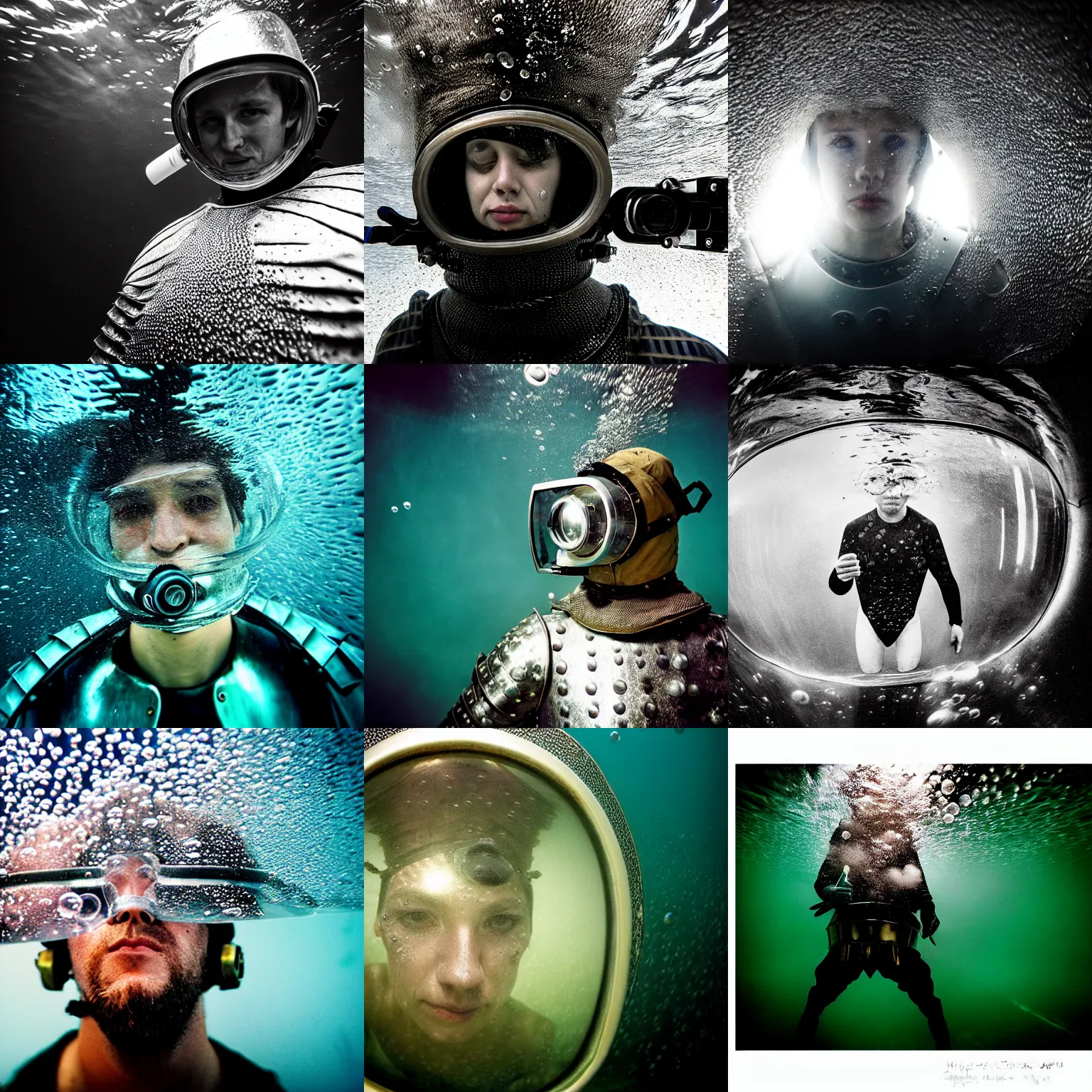 Prompt: Underwater photo of a stylish person in medieval armor by Trent Parke, staring at a camera through a visor, close up, huge bubbles, metallic patterns, clean, detailed