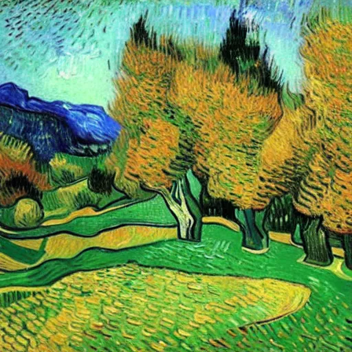 Prompt: Mountainside Golf Course in Autumn, Portrait by Vincent van Gogh