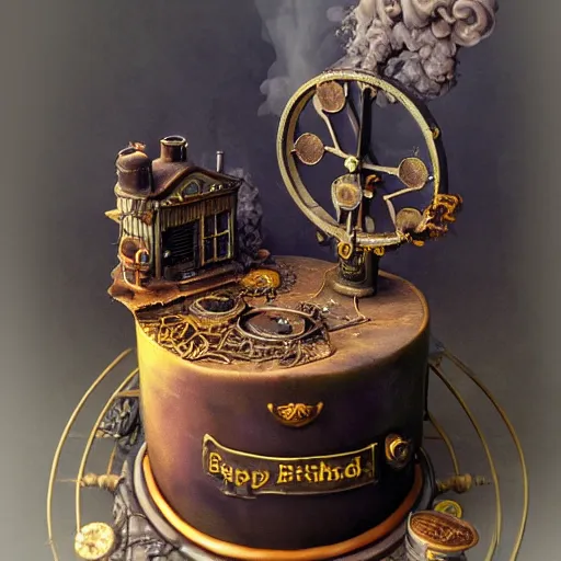 Prompt: a beautiful detailed 3 d matte portrait of a steam punk birthday cake, ominous, magical realism, texture, intricate, whirling smoke radiant colors, fantasy, volumetric lighting, high details