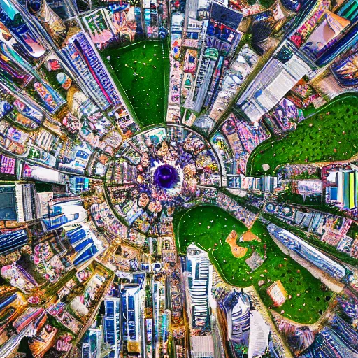 Image similar to fantasy city with glittering jewels, birds eye view