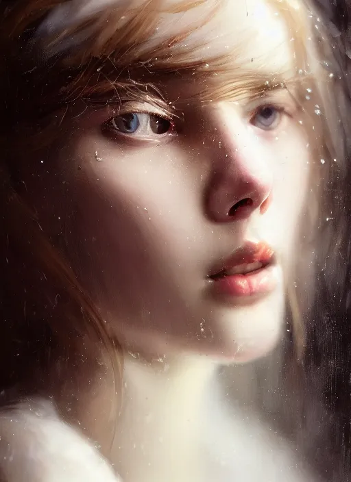 Image similar to close up picture of a white dress girl, hard breathing, messy hair, reaching a hands to the camera, treasures on the background, coveted, beautiful and aesthetic and attractive and detailed face, specular reflection, occlusion shadow, intricate, bokeh, masterpiece, by ilya kuvshinov and jeremy lipking and quentin mabille