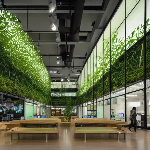 Image similar to interior photography of a Microsoft Samsung flagship store, wood, polished concrete, sunlight, spotlights, verdant plants green wall, digital screens, award winning interior design, patterns, retaildesignblog, dezeen, 14mm, 8k, cinestill, pentax, film