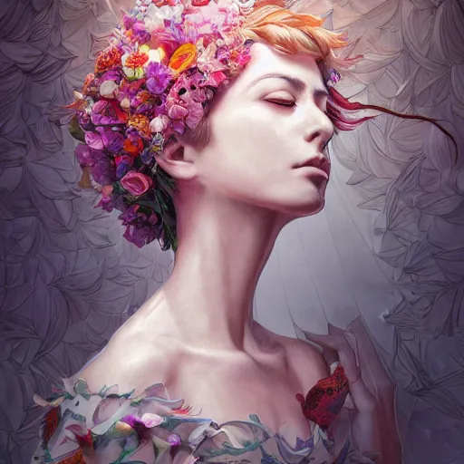 Image similar to the portrait of an absurdly beautiful, graceful, elegant mature woman made of petals looking up, an ultrafine detailed illustration by kim jung gi, irakli nadar, intricate linework, bright colors, octopath traveler, final fantasy, angular, unreal engine 5 highly rendered, global illumination, radiant light, detailed and intricate environment