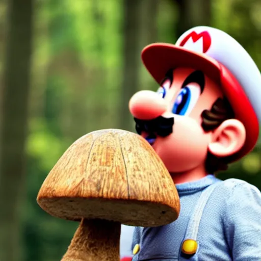 Prompt: photo of real life mario finding a giant mushroom, exhilarated, portrait, closeup. mouth open, 30mm, bokeh