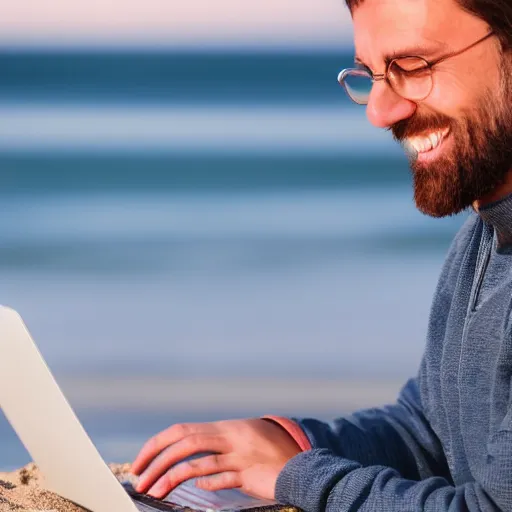 Prompt: stock photo of happy man working on laptop at beach, bokeh