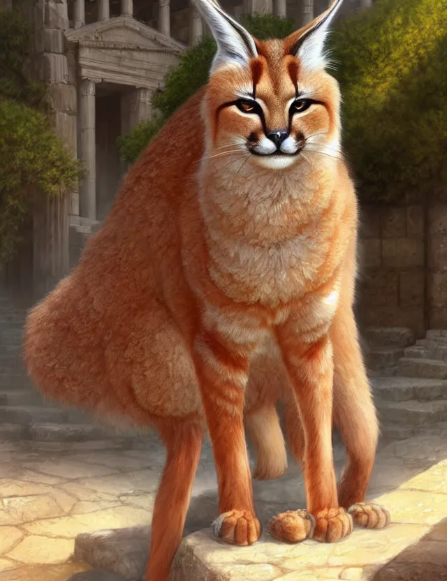 Image similar to cute fluffy caracal in a ancient greek city | | cute, key visual, realistic shaded perfect face, fine details by stanley artgerm lau, wlop, rossdraws, james jean, andrei riabovitchev, marc simonetti, and sakimichan, trending on artstation