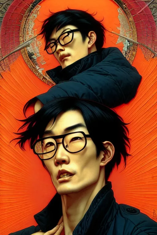 Image similar to thin japanese man with short black hair, thick round spectacles, wearing a bright orange bomber jacket, seductive communist dark fantasy, art by artgerm and karol bak and moebius and alphonse mucha and greg rutkowski, hyperdetailed, ultrarealistic, octane render