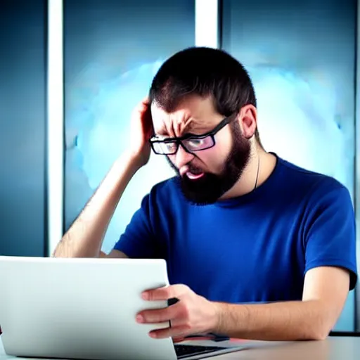 Image similar to a software developer is looking at his computer. he is alone. he is very mad because his colleague did a mistake and he has to fix it. he is very frustraged and screaming. steam is coming out of his hears. real photo