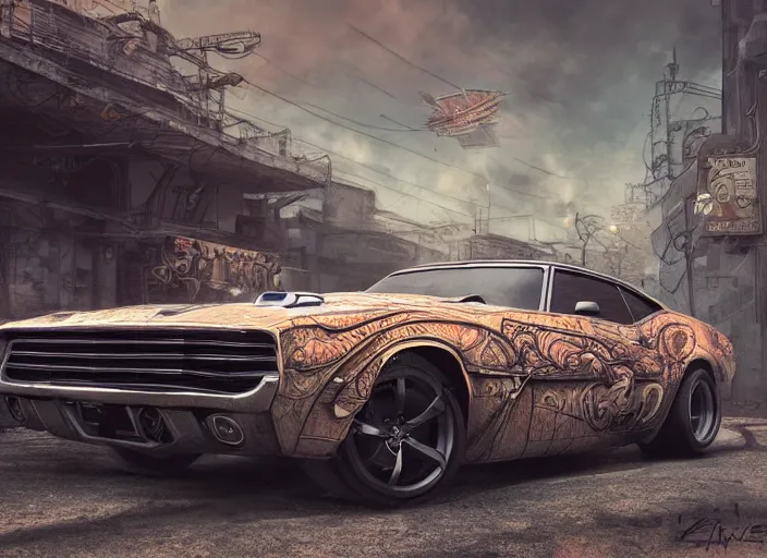 Image similar to cartoon illustration concept art of a muscle car in full intricate detail, ultra detailed, realistic digital art, octane render, 4K, dystopian, micro details