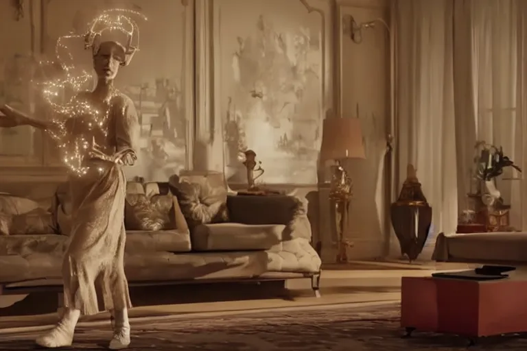 Prompt: VFX movie of old woman dancing with futuristic robot in a decadent living room by Emmanuel Lubezki