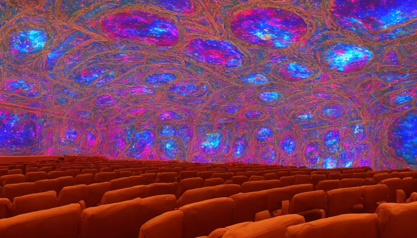 Prompt: Inside an astral theater with seats and screens