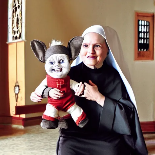 Image similar to a nun in church holding chucky the demonic evil killer doll on her lap