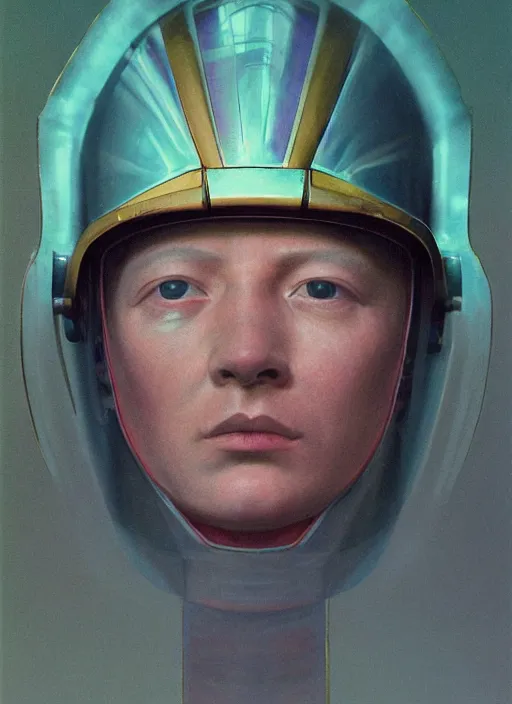 Image similar to beautiful extreme closeup portrait photo in style of frontiers in helmet Helmets of Emperor Charles V the Wise, faint iridescent sheen , science fashion magazine September retrofuturism edition, highly detailed, soft lighting, elegant , lighting, 35mm , Edward Hopper and James Gilleard, Zdzislaw Beksinski, Steven Outram, highly detailed