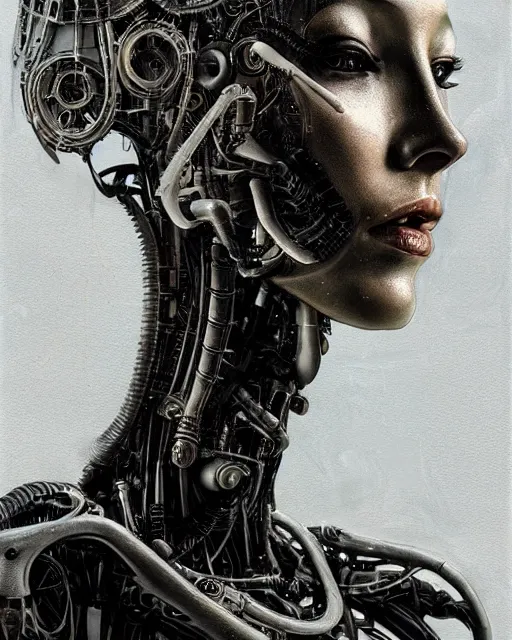 Image similar to a young beautiful female cyborg profile face, by h. r. giger, by ismail inceoglu, by kiki smith, glamor shot, vintage, closeup, f / 2. 8, low contrast, 1 6 k, rim lighting, cinematic lighting, insanely detailed and intricate, hypermaximalist, elegant, ornate, hyper realistic, super detailed