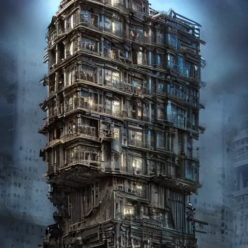 Image similar to very very detailed building made from complex robot parts, beautiful dynamic lighting, cinematic, wide angle establishing shot, extremely high detail, photo realistic, cinematic lighting, post processed, concept art, artstation, matte painting, style by lebbeus woods, john berkey, volumetric lighting, light rays, photorealistic, ultrarealistic, moody, coronarender, 8k