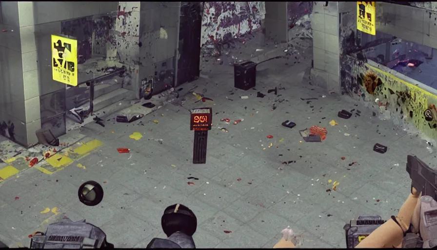 Prompt: 1994 Video Game Kill-cam Screenshot, Anime Neo-tokyo Cyborg bank robbers vs police, Set inside of the Bank Lobby, Multiplayer set-piece in bank lobby, Tactical Squad :9, Police officers under heavy fire, Police Calling for back up, Bullet Holes and Blood Splatter, :6 Smoke Grenades, Riot Shields, Large Caliber Sniper Fire, Chaos, Anime Cyberpunk, Anime Bullet VFX, Machine Gun Fire, Violent Gun Action, Shootout, Escape From Tarkov, Intruder, Payday 2, 8k :4 by Katsuhiro Otomo: 9