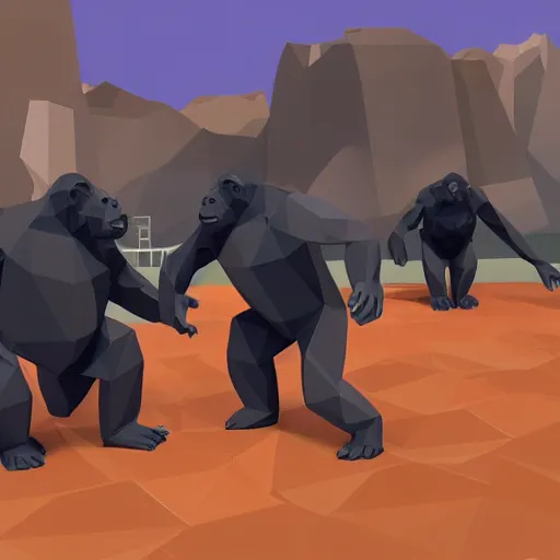 Prompt: gorillas playing a game of tag in low poly video game