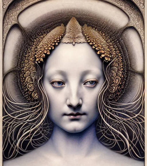 Image similar to detailed realistic beautiful lotus goddess face portrait by jean delville, gustave dore, iris van herpen and marco mazzoni, art forms of nature by ernst haeckel, art nouveau, symbolist, visionary, gothic, neo - gothic, pre - raphaelite, fractal lace, intricate alien botanicals, ai biodiversity, surreality, hyperdetailed ultrasharp octane render