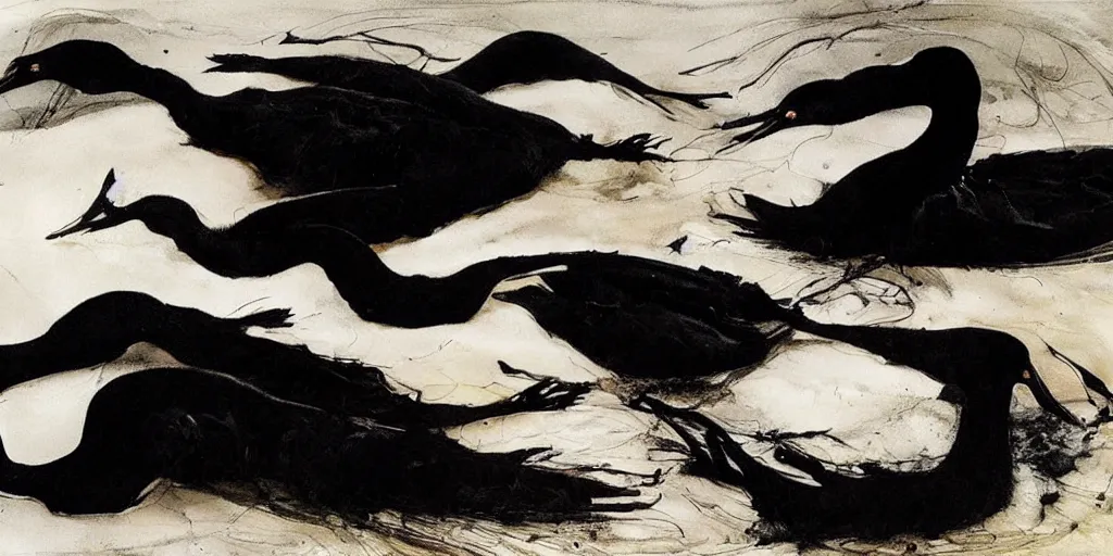 Prompt: black swans melting together in the dark waters. by andrew wyeth, jenny saville and nicola samori