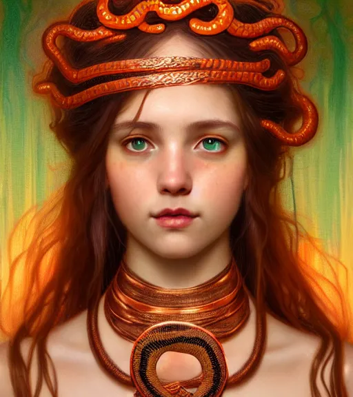 Image similar to portrait of teenage medusa, snake hair, naughty smile, wearing an embroidered orange tunic, intricate, elegant, copper and emerald jewelry, glowing lights, highly detailed, digital painting, artstation, concept art, smooth, sharp focus, illustration, art by wlop, mucha, artgerm, and greg rutkowski